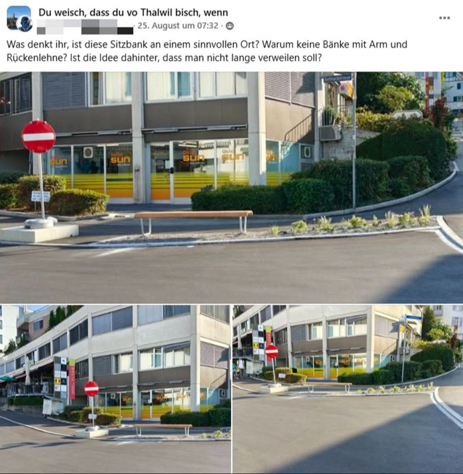 «Was denkt ihr, ist diese Sitzbank an einem sinnvollen Ort?», fragt ein User in einer Thalwiler Facebook-Gruppe.