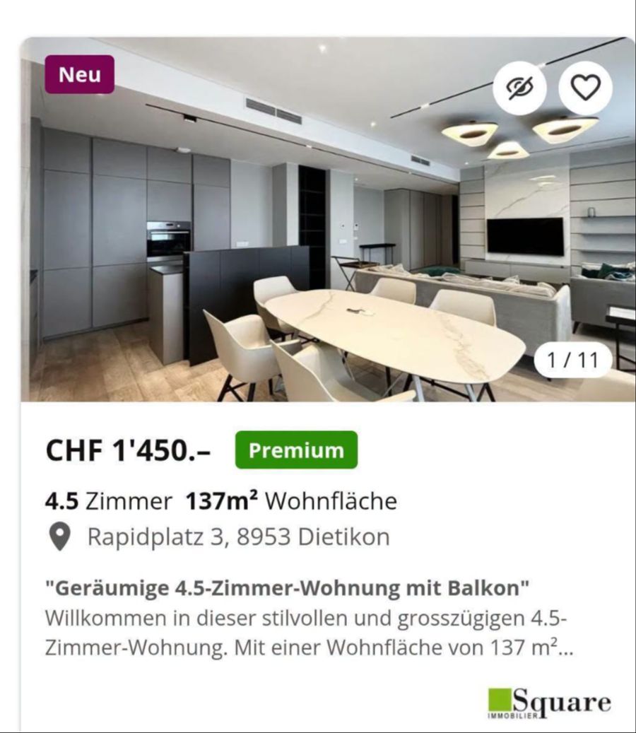 Gleicher Preis, gleiche Grösse, gleiche Bilder – nur die Adresse ist diesmal in Dietikon ZH.