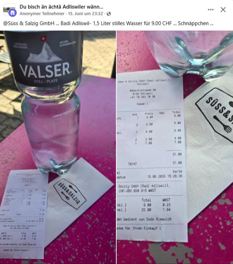 Ein Badegast hat neun Franken für 1,5 Liter «Valser»-Wasser bezahlt.