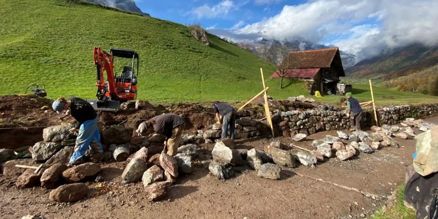 Zivildienstleistende im Einsatz und fertiggestellte Trockenmauer