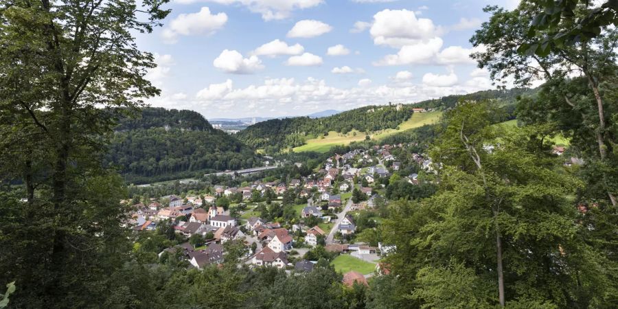 Blick auf die Gemeinde Duggingen mit der Stadt Basel im Hintergrund.