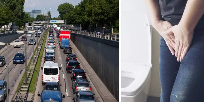 Ein Mann mit voller Blase wählte im Stau den Notruf. (Symbolbild) Pinkeln Autofahrer Urin Harndrang