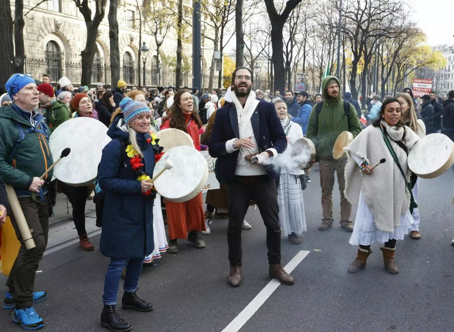 Die Demonstranten in Wien hatten auch Trommeln dabei.