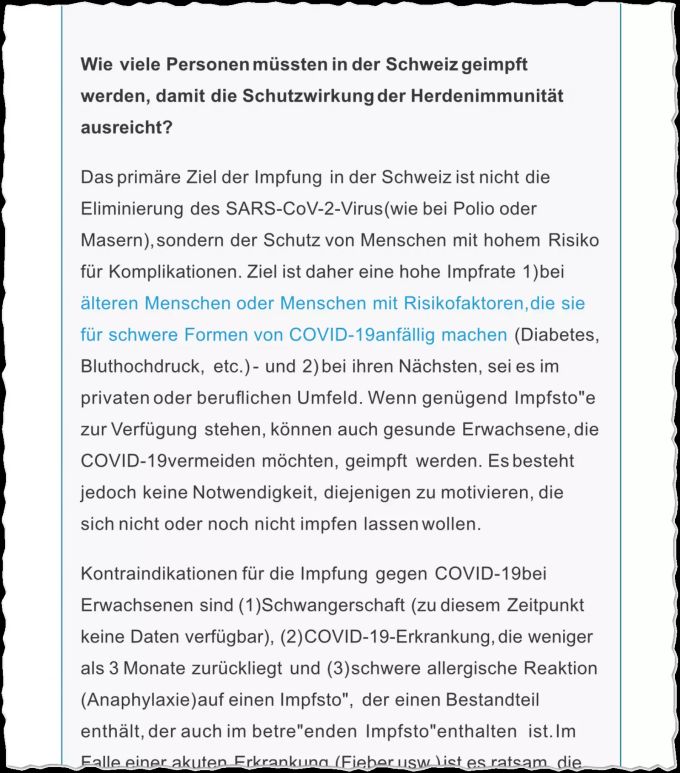 So präsentierten sich die Empfehlungen zur Impfung gegen das Coronavirus bis gestern bei der offiziellen Plattform Infovac.ch. Infovac Coronavirus Impfung Empfehlung