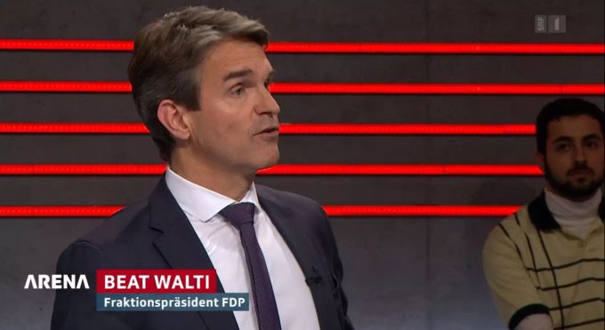 FDP-Fraktionspräsident Beat Walti sagte in der «Arena»: «Es ist mega schwach, dass niemand von der Bewegung hier ist.» Beat Walti «Arena»
