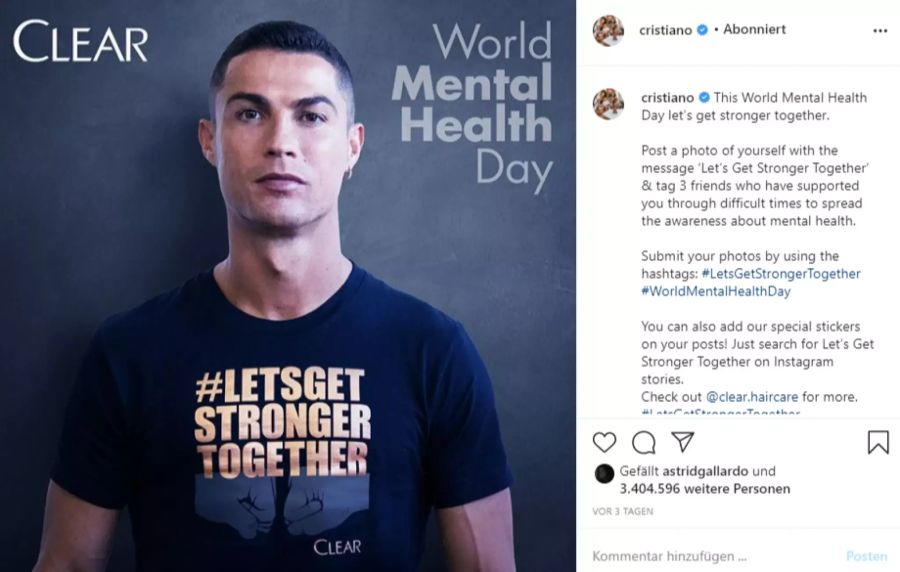 Ronaldo mit einem T-Shirt mit dem Hashtag #Letsgetstrongertogether.