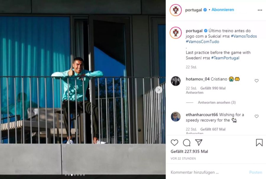 Ronaldo beobachtete am Dienstag das Mannschaftstraining von Portugal von seinem Hotelzimmer aus.