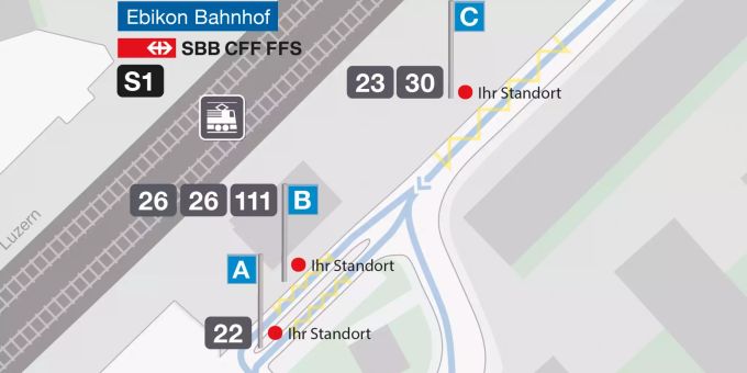 Vorübergehende Anordnung der Busse am Bahnhof Ebikon während den Bauarbeiten.
