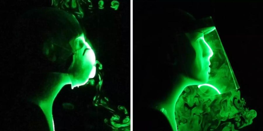 Gesichtsschilder und Masken mit einem Ventil sind den Angaben von amerikanischen Forschern nach weniger effektiv bei der Bekämpfung des Coronavirus als medizinische Masken und Stoffmasken. Foto: -/Florida Atlantic University's College of Engineering and Computer Science/dpa