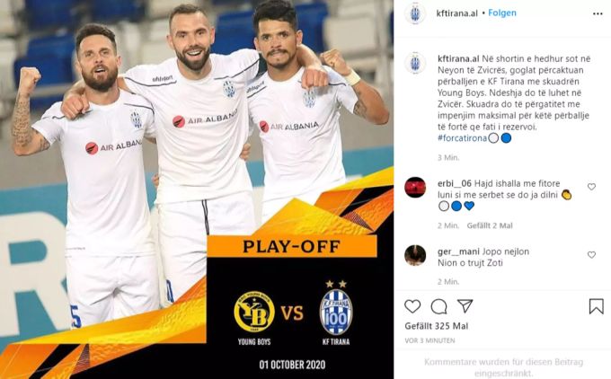 Tirana vermeldet das Aufeinandertreffen mit den Young Boys via Instagram. YB