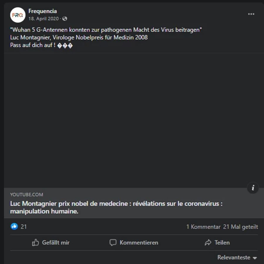Frequencia teilte im April 2020 ein Video, auf dem die 5G-Antennen in Wuhan für den Ausbruch der Corona-Pandemie mitverantwortlich gemacht werden. Das Video wurde auf Youtube mittlerweile gelöscht, der Post nicht.