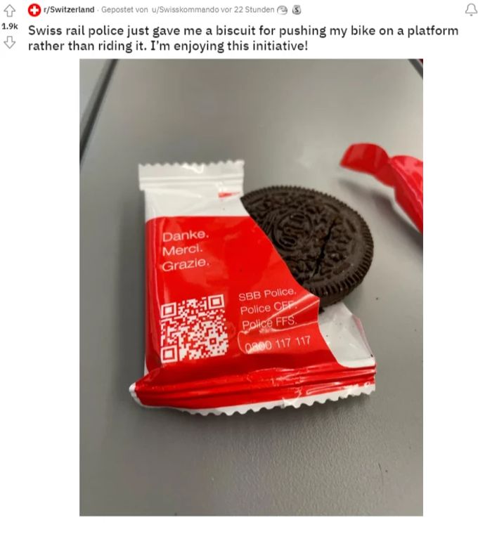 Ein Gratis-Oreo für eine sichere Fahrweise: Ein Reddit-User teilt die SBB-Belohnung im Internet. SBB