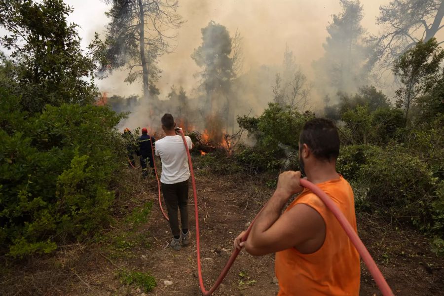 Feuerwehrleute versuchen, die Flammen zu löschen, während Anwohner einen Wasserschlauch während eines Waldbrandes in Ellinika halten.