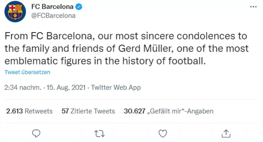 Der FC Barcelona nennt Müller «eine der grössten Figuren in der Fussballgeschichte».