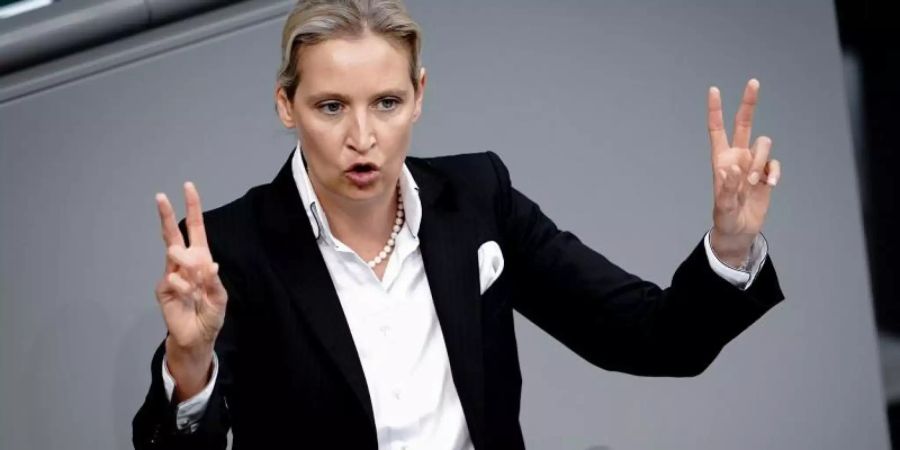 Alice Weidel, Fraktionsvorsitzende der AfD, spricht im Bundestag zu den Abgeordneten. Foto: Kay Nietfeld/dpa