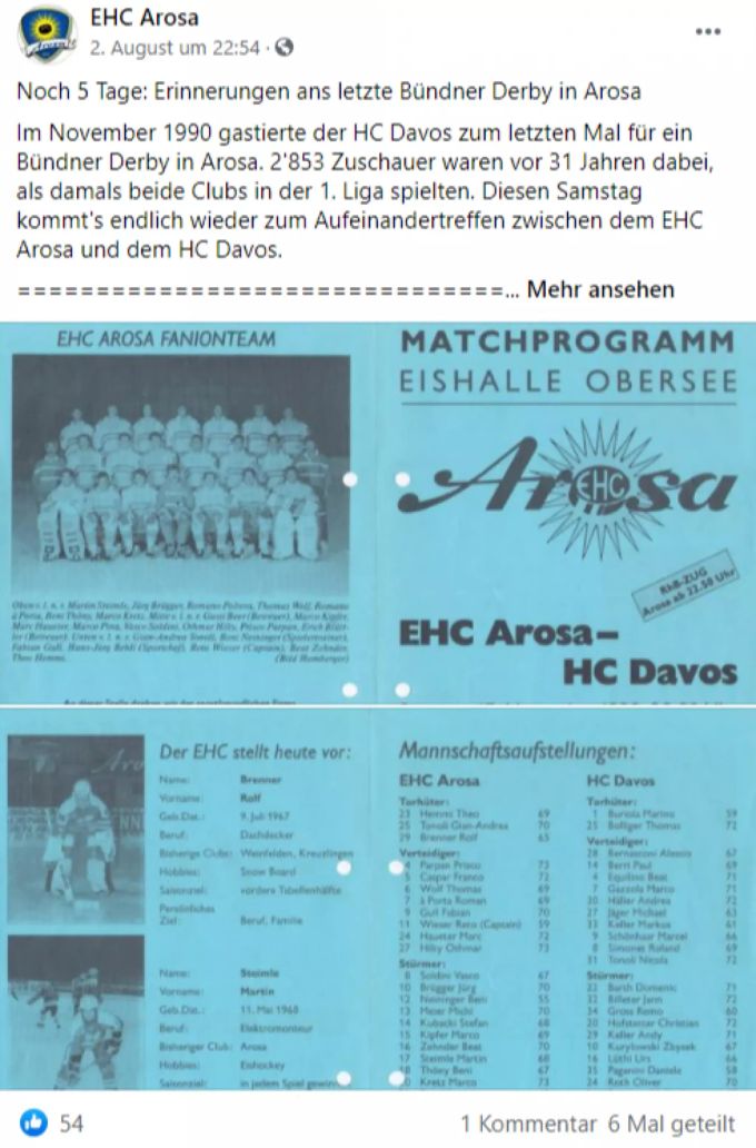 Nach 31 Jahren kommt es wieder zum Bündner Duell zwischen dem EHC Arosa und dem HC Davos. ehc arosa