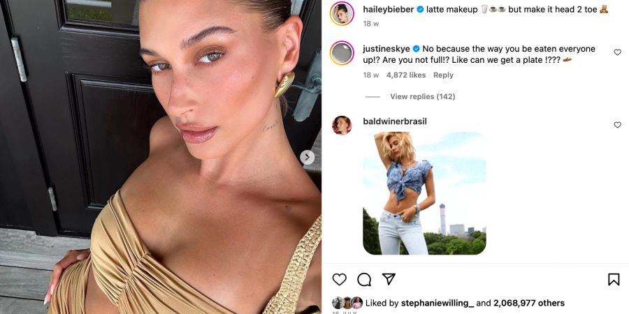 Instagram Screenshot von Hailey Bieber in goldenem Bustiertop und Lattefarbenem Make-up.