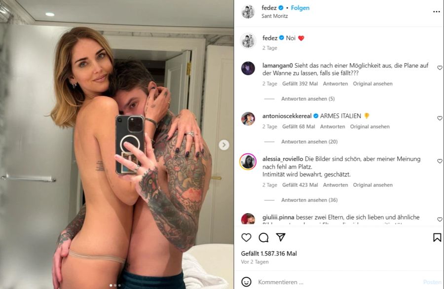 Huch! Chiara Ferragni zieht obenrum blank, Gatte Fedez legt seinen Kopf in ihr Dekolleté.