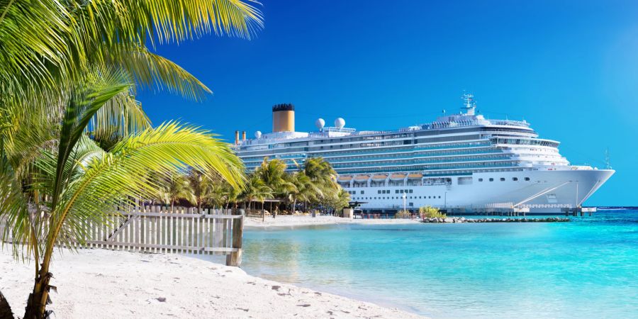 kreuzfahrtschiff, meer, palme, sandstrand, sonne, kreuzfahrt