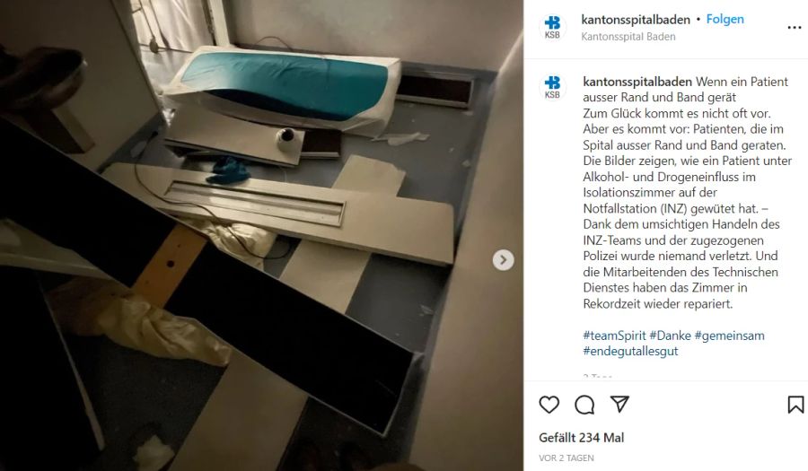 Im Kantonsspital Baden AG hat ein Patient in einem Isolationszimmer auf der Notfallstation grossen Schaden angerichtet.