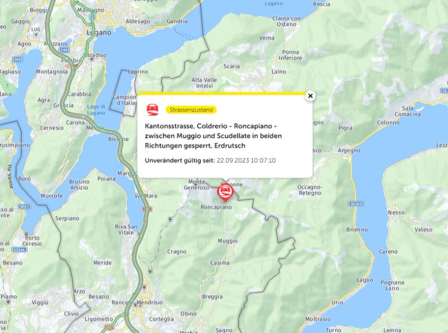 Die Kantonsstrasse zwischen Muggio und Scudellate ist gesperrt. Grund: Erdrutsch