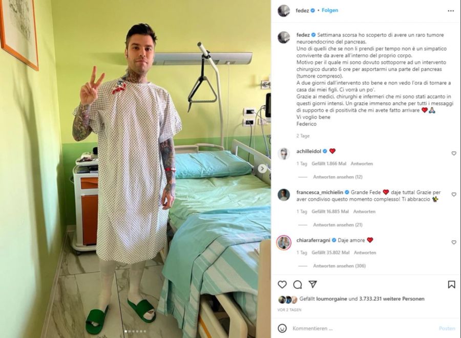 Der italiensiche Rapper Fedez musste sich wegen eines Tumors an der Bauchspeicheldrüse operieren lassen.