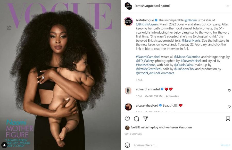 Naomi Campbell zeigt in der jüngsten Ausgabe des britischen Mode-Magazins «Vogue» zum ersten Mal ihre Tochter.