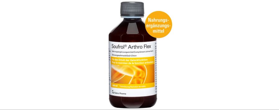 Soufrol Arthro Flex für den Erhalt der Gelenkfunktion. Erhältlich in Drogerien, Apotheken und online: Soufrol Arthro Flex 300 ml und 750 ml.