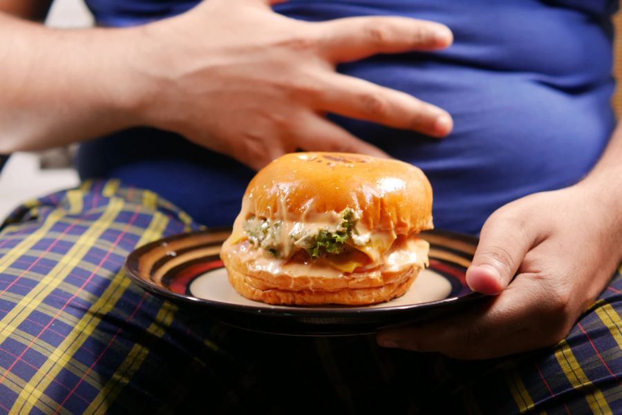 Burger Käse Teller Hand Pyjama Mann Bauch