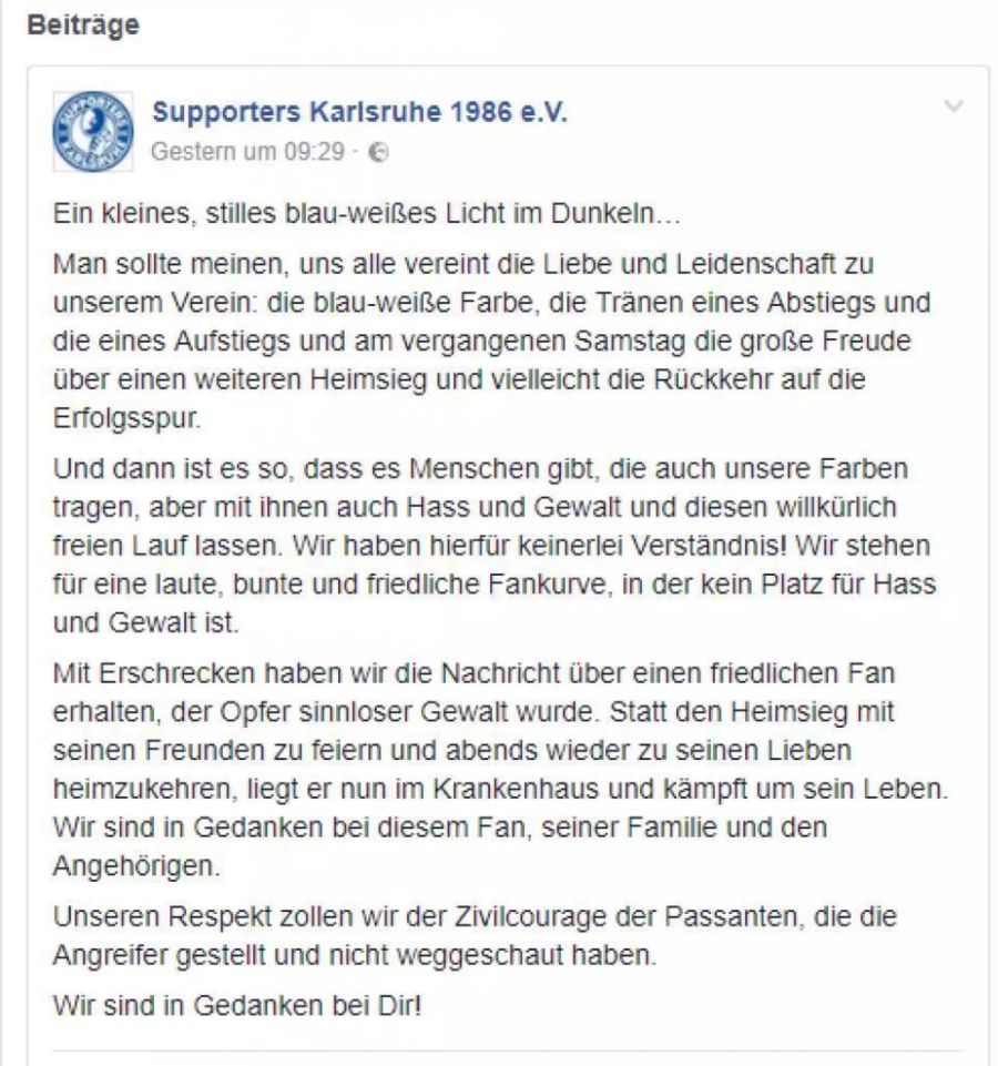 Die Fanszene von Karlsruhe nimmt auf Facebook Stellung.