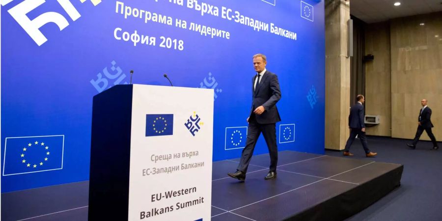 Donald Tusk, Präsident des Europäischen Rates, kommt zu einer Pressekonferenz vor dem Treffen der EU-Staats- und Regierungschefs in der bulgarischen Hauptstadt Sofia.