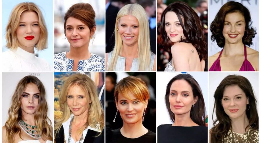 Bekannte Gesichter beschuldigen Harvey Weinstein der sexuellen Belästigung (von links oben nach rechts unten): Lea Seydoux, Emma de Caunes (beide FRA), Gwyneth Paltrow (USA), Asia Argento (ITA), Ashley Judd (USA), Cara Delevingne (GBR), Rosanna Arquette (USA), Judith Godreche (FRA), Angelina Jolie und Rose McGowan (beide USA).