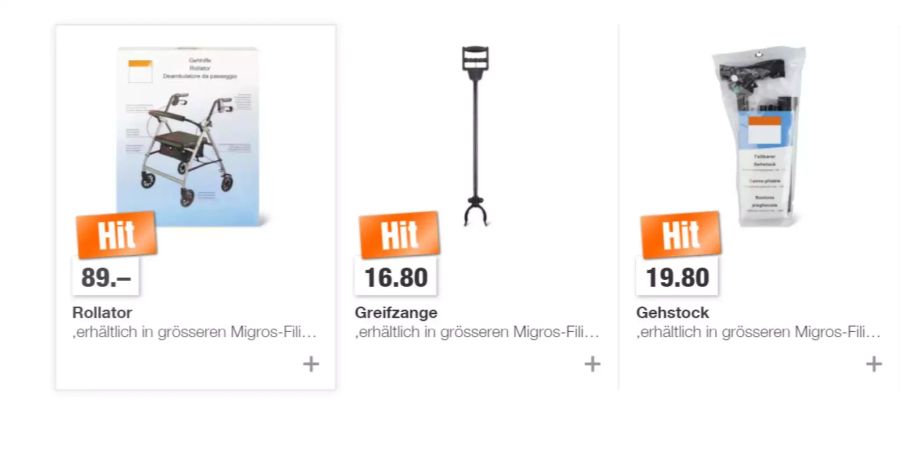 Alles für betagte: Rollator, Greifzange und faltbarer Gehstock.