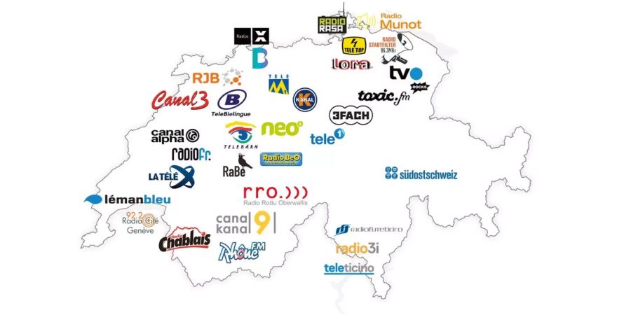 Diese Karte zeigt die privaten Radio- und TV-Stationen, welche Gebührengelder beziehen.