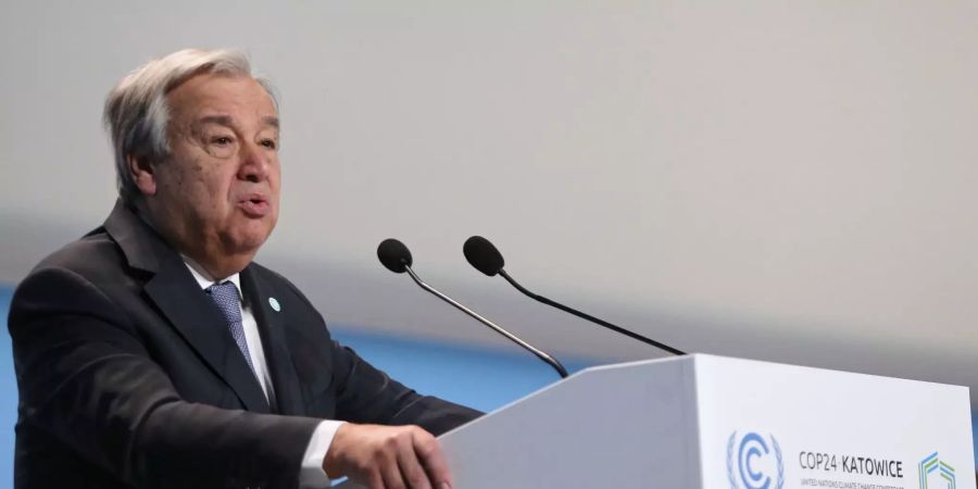 Antonio Guterres, UN-Generalsekretär, spricht bei der Eröffnungsfeier des COP24-Gipfels in Kattowitz (POL£).