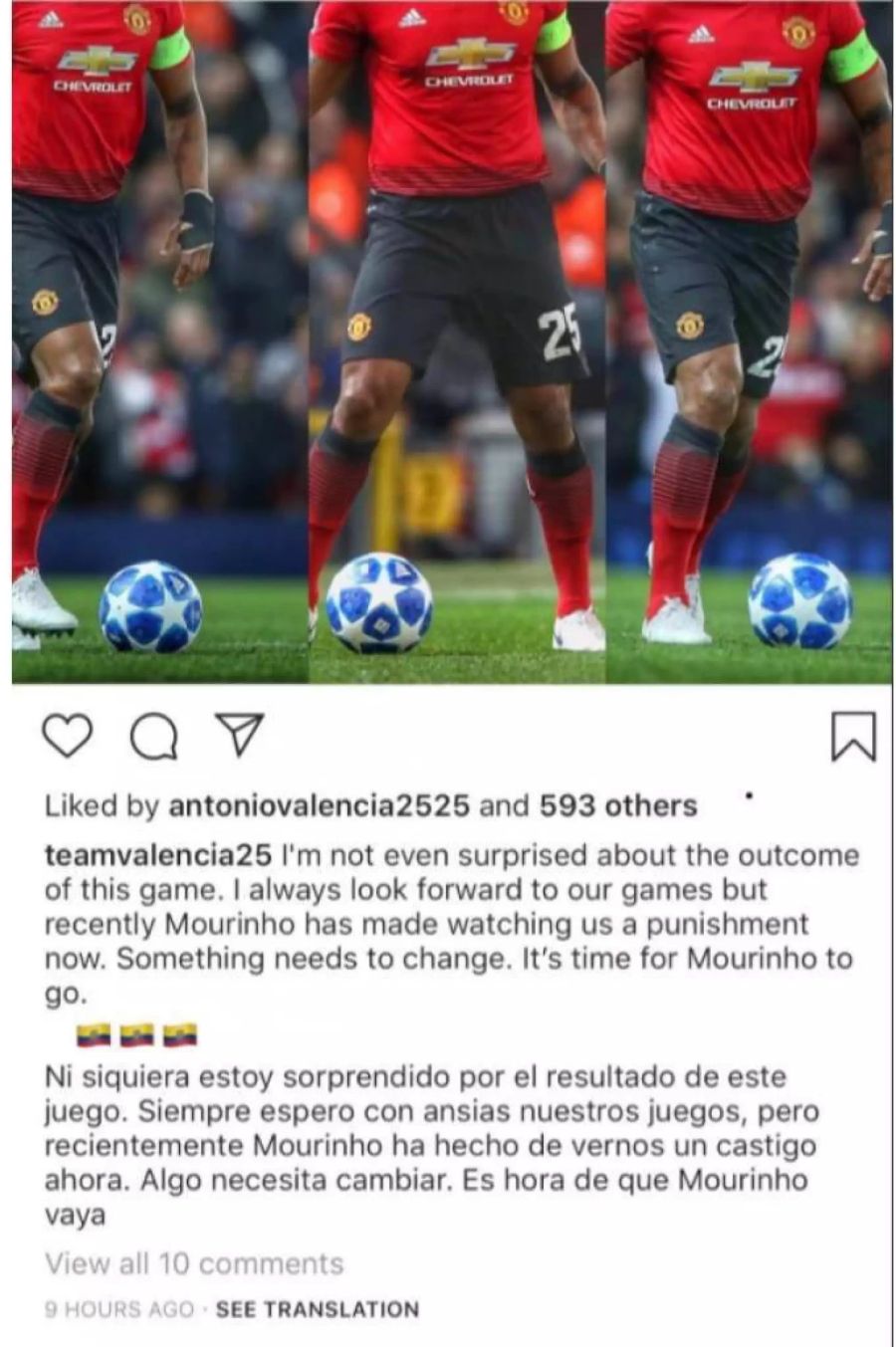 Der Post vom User «teamvalencia25», der von Antonio Valencia ein «Like» erhielt.