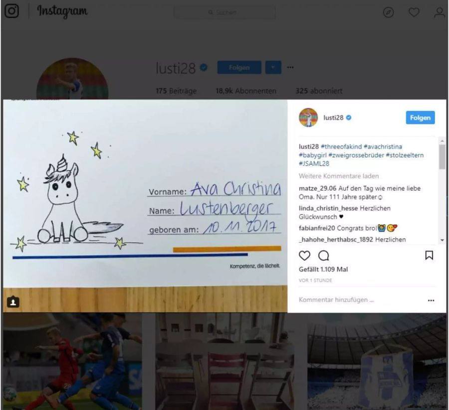 Über Instagram hat Lustenberger sein Vaterglück bekannt gegeben.