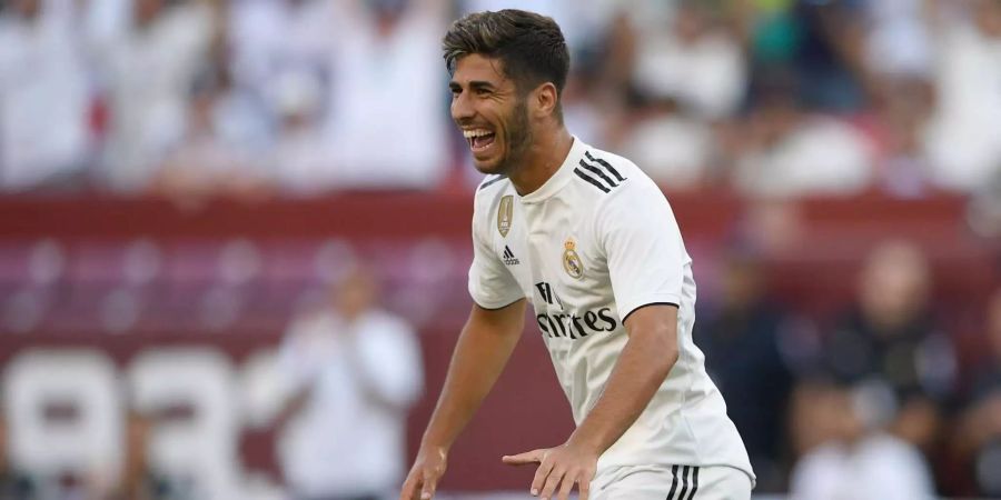 Real Madrid Mittelfeldspieler Marco Asensio feiert sein erstes von zwei Toren in der zweiten Halbzeit gegen Juventus Turin.