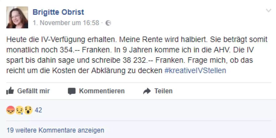 Die bestrafte IV-Rentnerin bezieht auf facebook Stellung zu ihrer Renten-Kürzung.