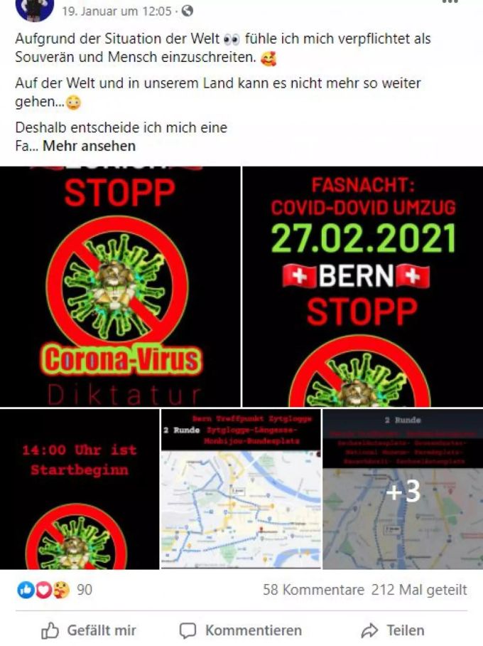 Ein Facebook-User ruft zum «Covid-Dovid Umzug» auf. Das als Fasnacht getarnte Event ist wohl eher eine Kundgebung gegen das Coronavirus und die Massnahmen. Coronavirus