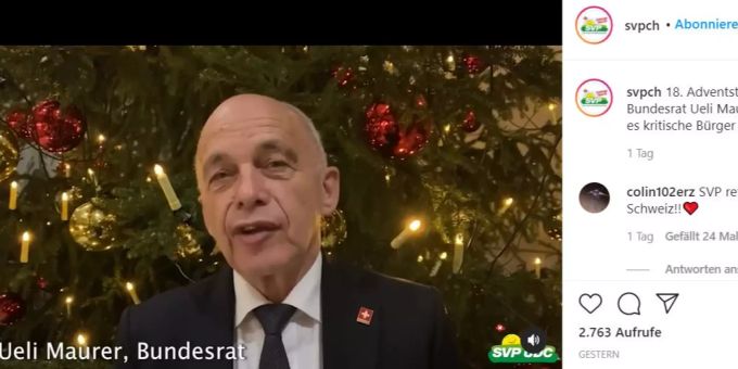 Ueli Mauer spricht im 18. Adventstürchen der SVP. SVP Adventstürchen Ueli Maurer