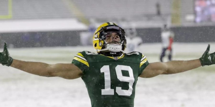 Equanimeous St. Brown von den Green Bay Packers jubelt über seinen ersten Touchdown in der nordamerikanischen Profiliga NFL. Foto: Mike Roemer/FR155603 AP/dpa