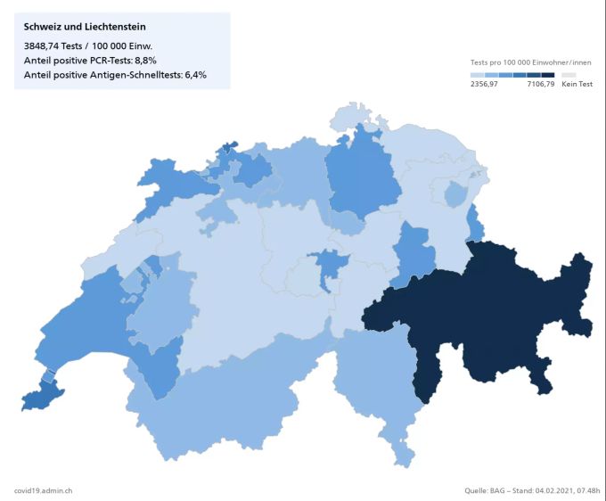 In den Kantonen Jura, Waadt und Genf wurde in den letzten 14 Tagen vergleichsweise viel getestet. Corona-Tests Schweiz