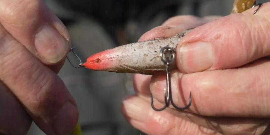 Ein Angler bereitet seine Angel vor und hängt einen Drilling an die Angelschnur. Der Fischereiverband beschäftigt sich derzeit mit dem Kliamwandel. Foto: Klaus-Dietmar Gabbert