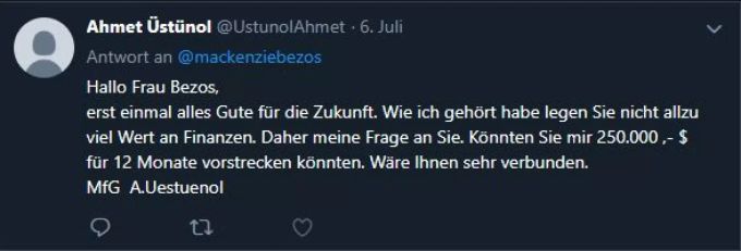 Der User bezieht sich auf eine Aussage MacKenzie's, dass sie rund die Hälfte ihres Vermögens für einen guten Zweck spenden will. amazon bezos