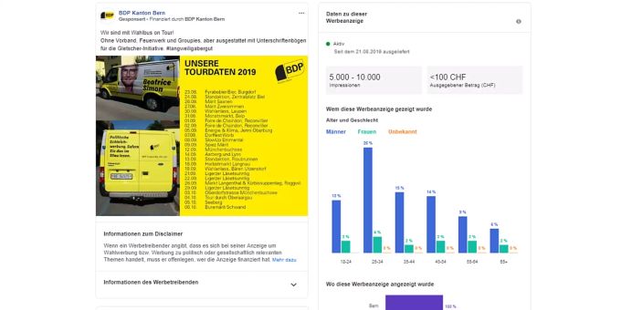 Beispiel: Die BDP schaltete auf Facebook ein Inserat. Auf der rechten Seite sind dazu verschiedene Informationen einsehbar. bdp facebook