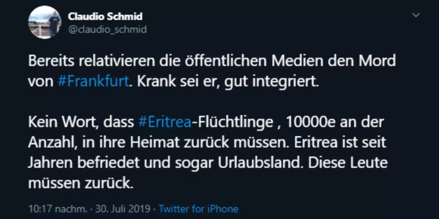 Claudio Schmid, Zürcher SVP-Kantonsrat, auf Twitter.