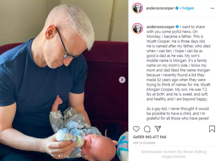 Anderson Cooper schreibt: «Als schwules Kind hätte ich nie gedacht, dass es möglich sein würde, ein Kind zu bekommen, und ich bin dankbar für all diejenigen, die den Weg geebnet haben, und für die Ärzte und Krankenschwestern und alle, die an der Geburt meines Sohnes beteiligt waren.»