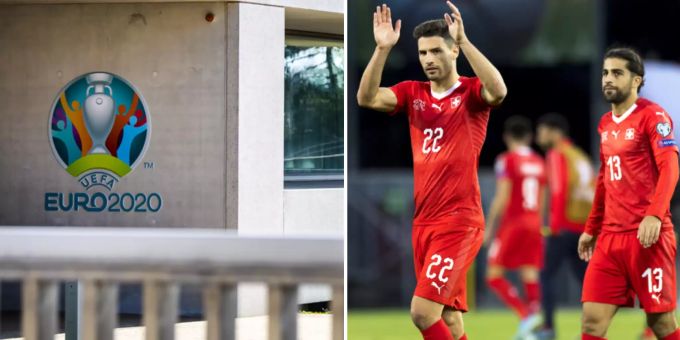 Links: Das Logo der Uefa Euro 2020. Rechts: Fabian Schär und Ricardo Rodriguez. EM