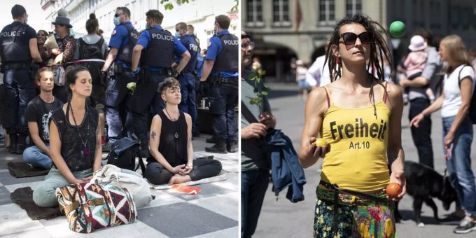 Demonstranten in Bern am 9. Mai bei einer Demonstration gegen den Coronavirus Lockdown. Die einen bleiben am Boden sitzen mit einer Ausgabe der Bundesverfassung vor den Knien (links), eine Frau jongliert mit Bällen und trägt den Artikel 10 der Bundesverfassung auf der Brust. Dieser lautet im 2. Absatz: «Jeder Mensch hat das Recht auf persönliche Freiheit, insbesondere auf körperliche und geistige Unversehrtheit und auf Bewegungsfreiheit.» Demonstranten Coronavirus Verfassung